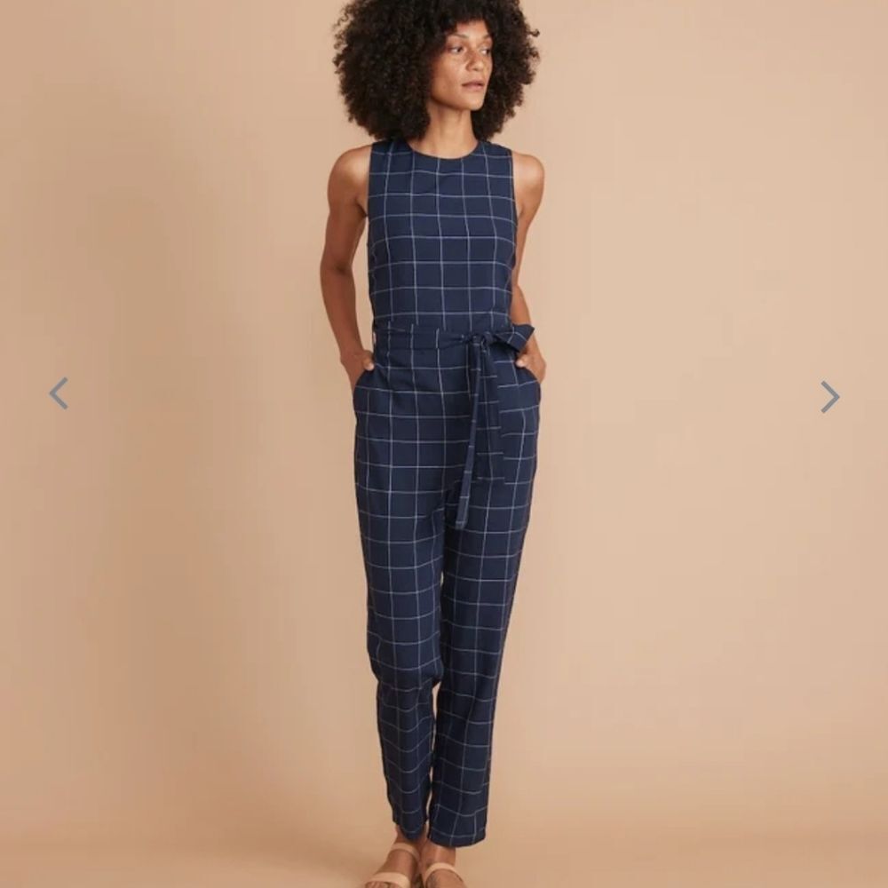 Marine Layer Navy Windowpane Eloise Belted Jumpsuit - Picture 4 of 7